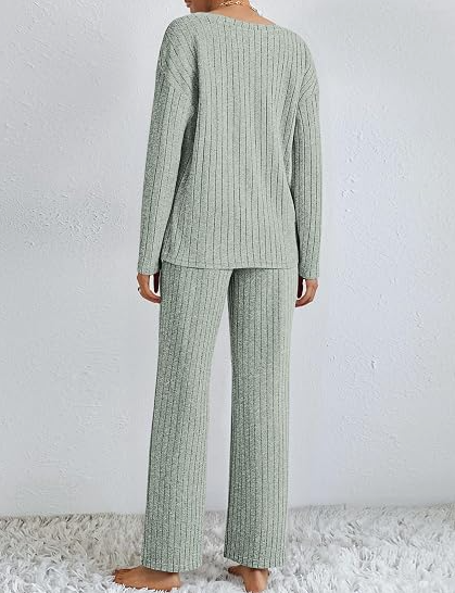 Women's Pleated Top Pajama Set Long Sleeve Fall Lounge Wear