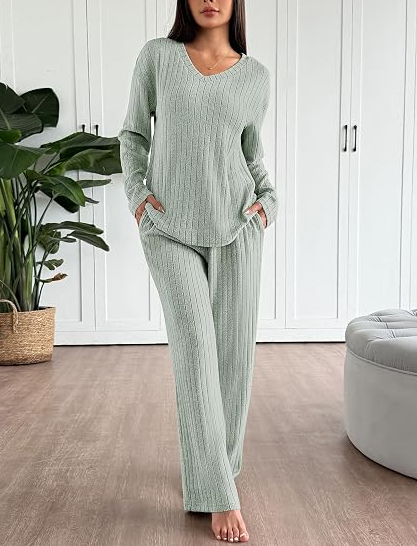 Women's Pleated Top Pajama Set Long Sleeve Fall Lounge Wear - Image 2