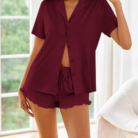 Women's Short Sleeve Button Down Pajama Set with Long Pants