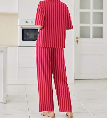 Women's Button Front Pajama Set Short Sleeve Top and Long Pants
