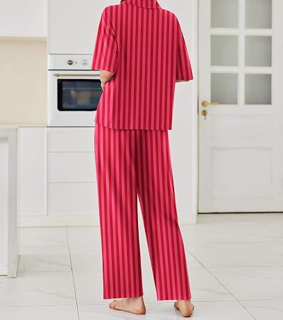 Women's Button Front Pajama Set Short Sleeve Top and Long Pants