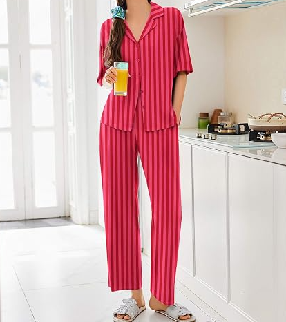 Women's Button Front Pajama Set Short Sleeve Top and Long Pants - Image 2